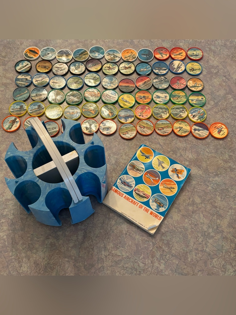 60's Aircraft Jell-O Brand Picture Wheels & Caddy - 69 Jell-O Pogs - Souvenir